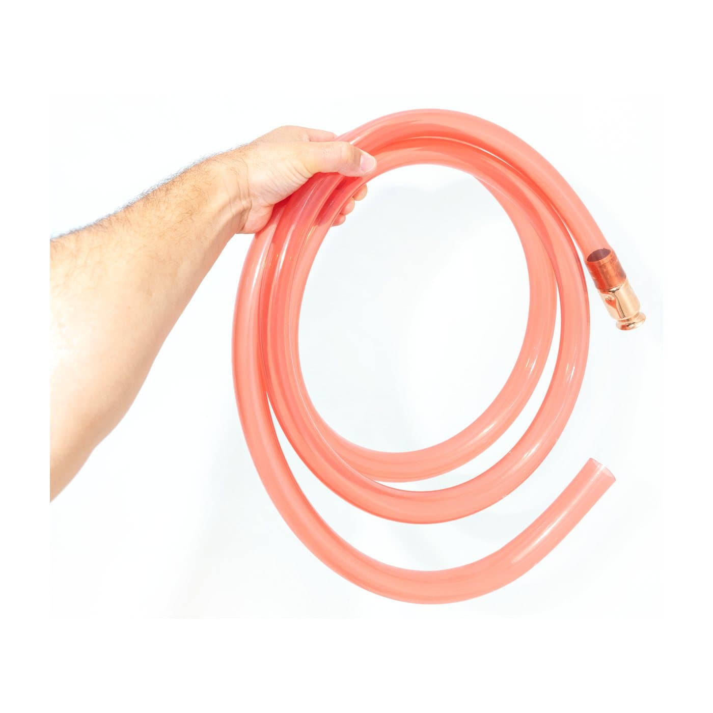 FlowPro XL — 1" ID × 10' Self-Priming Siphon, held up to show its length